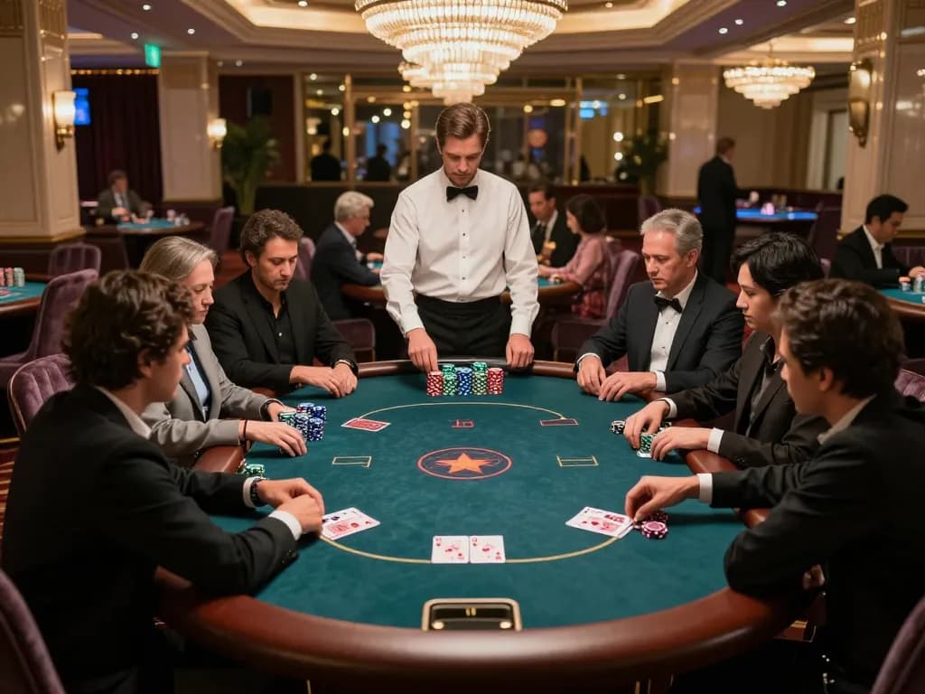 Engaged players at LGOGOAL poker table in upscale casino, showcasing strategic gameplay.