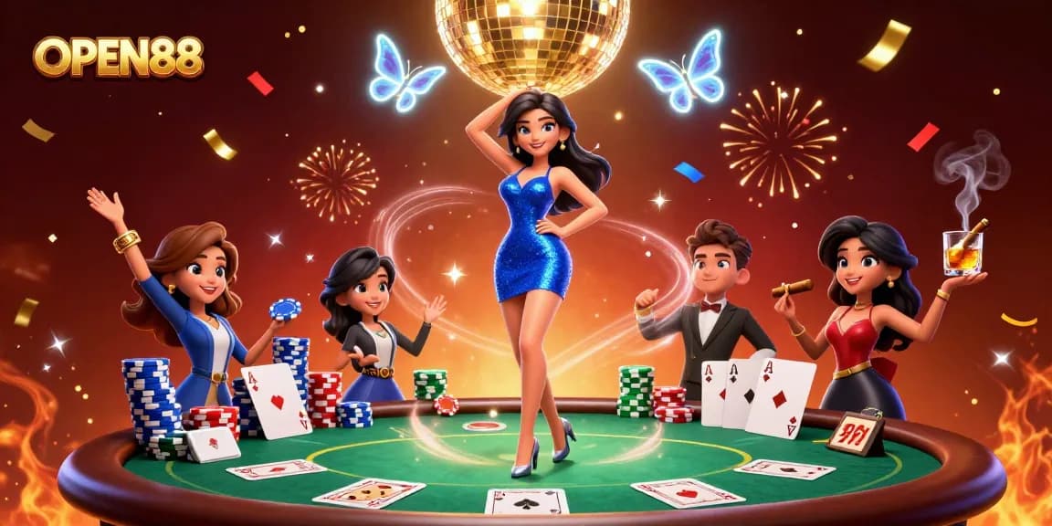 Engage in thrilling gameplay at OPEN88, featuring dynamic 3D characters and vibrant casino elements.