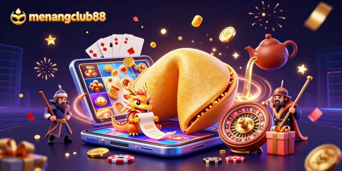 Play exciting slot games at menangclub88 with a vibrant scene showcasing golden fortune cookie and dynamic casino elements.