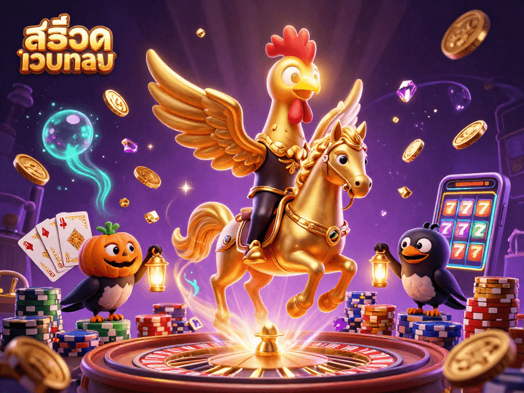 Experience exciting gameplay in สล็อตเว็บตรง with golden rooster and casino elements in dynamic illustration.