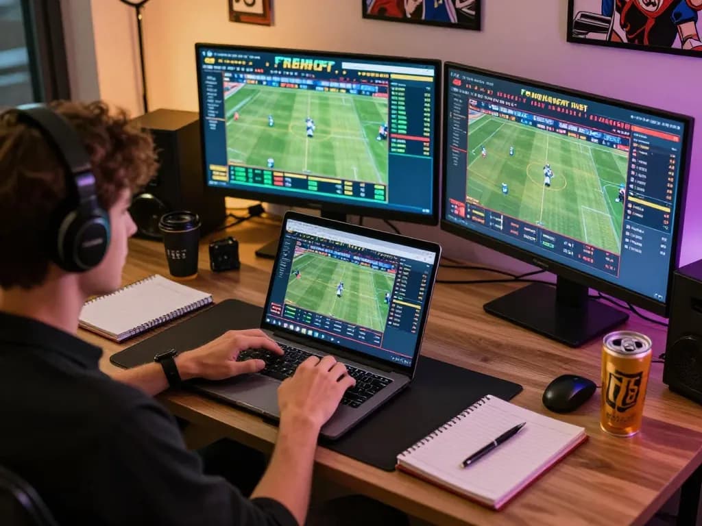 F8BET user engaging with live sports betting on multiple screens, showcasing a dynamic gambling experience.