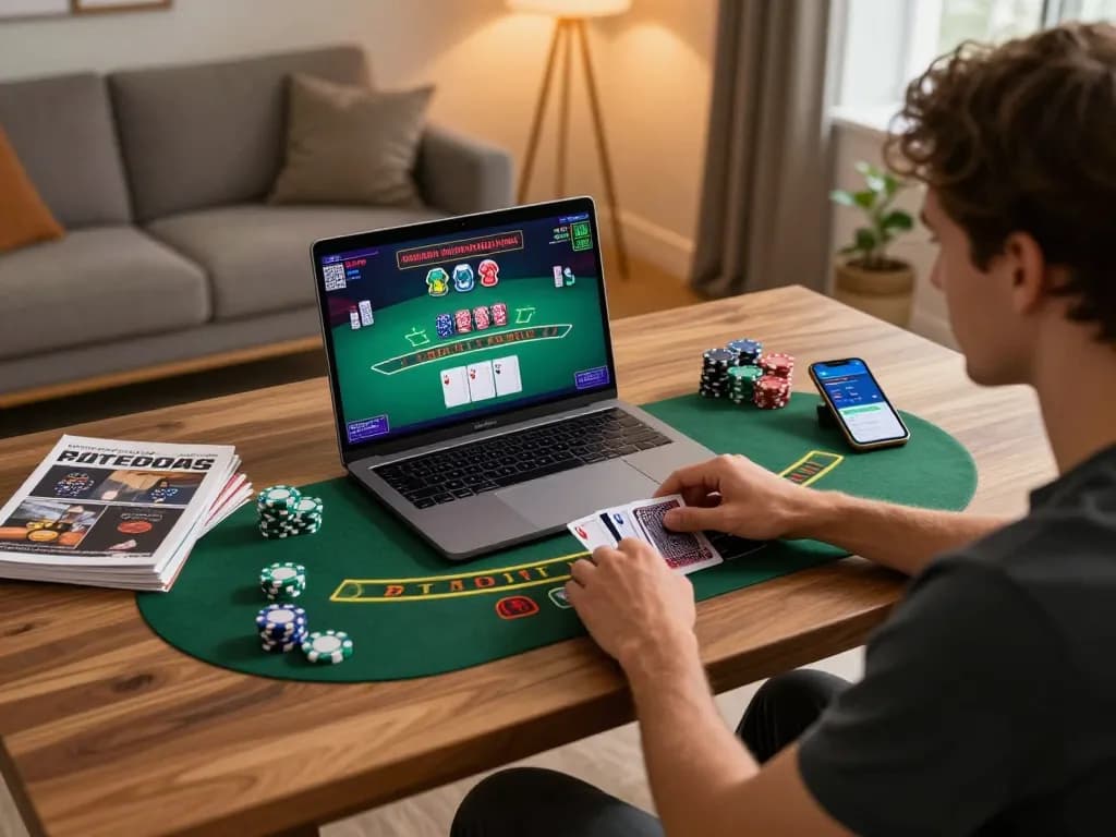 Player engaging in live dealer blackjack online, showcasing decoubertin strategy in a stylish home office.