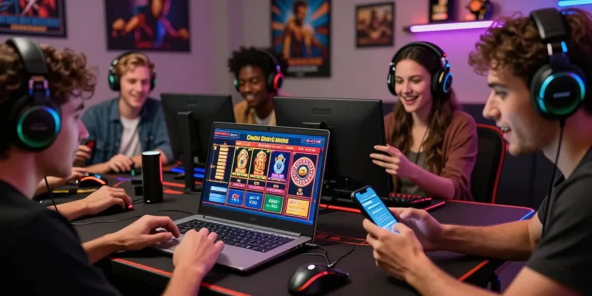 Engaging players enjoying credit card online casinos on laptops and smartphones in a vibrant gaming room.