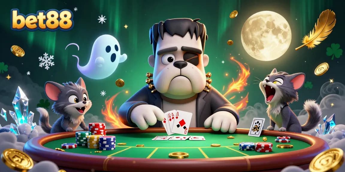 Engage in thrilling gameplay with bet88 at a vibrant casino, featuring 3D characters and poker action.