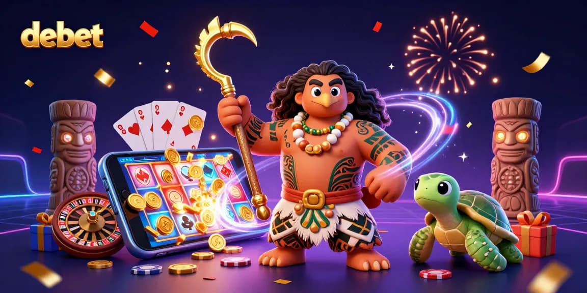 Engage with the debet casino experience showcasing a demigod and turtle in a lively 3D gambling scene full of excitement.
