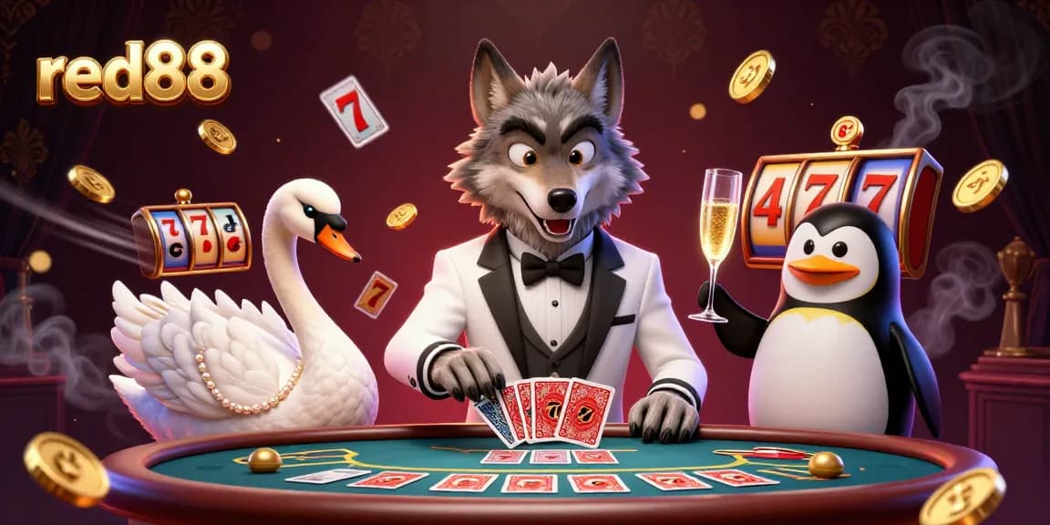 Experience excitement at red88 with a debonair wolf and friends at a baccarat table amidst dynamic casino elements.