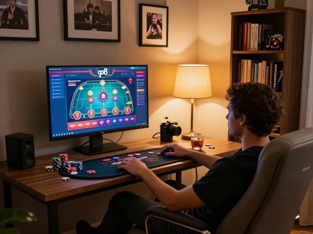 Engaged player using go8 online casino app on a stylish home setup for strategic gambling.