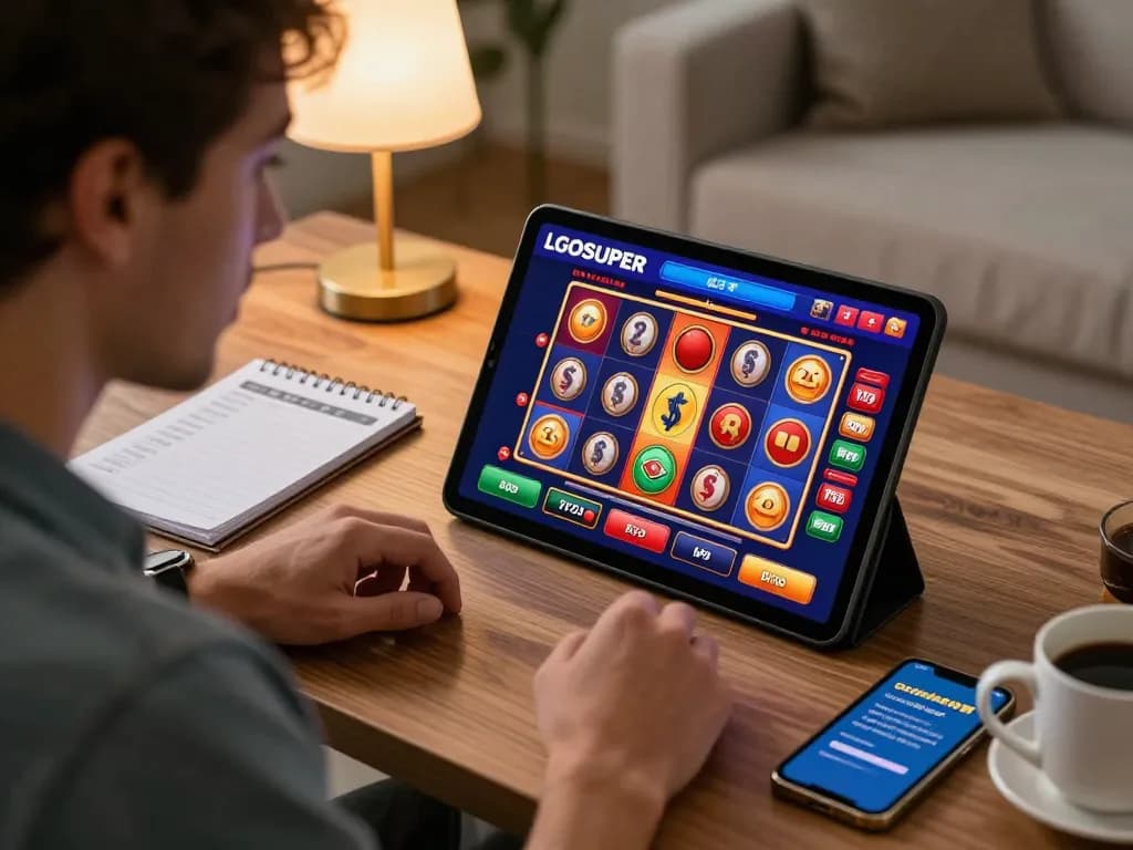 Player engaging with LGOSUPER online casino platform, vibrant colors and focused gameplay.