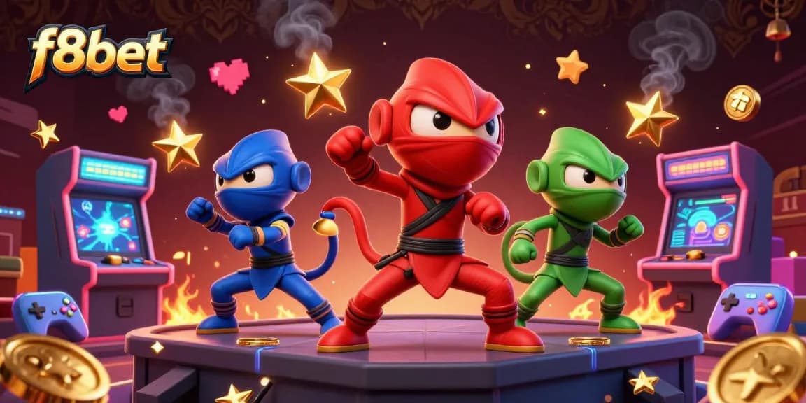 Experience thrilling gaming at f8bet with a dynamic scene of ninja chameleons, golden tokens, and vibrant arcade machines.