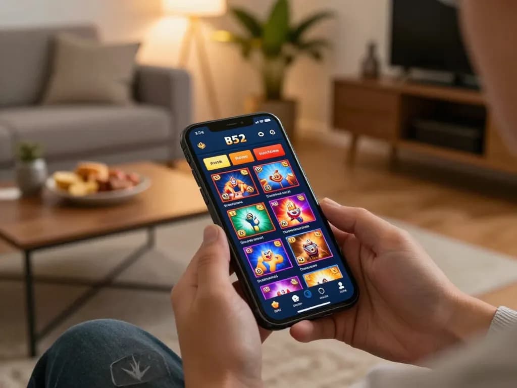Player engaging with the B52 casino app on a smartphone in a cozy home setting