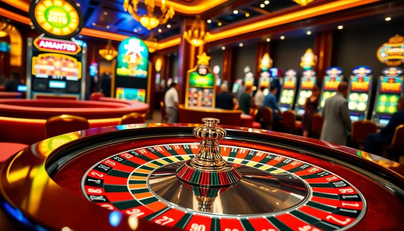 Rasakan sensasi berjudi di aman788 dengan suasana kasino mewah yang menampilkan roulette dan mesin slot.