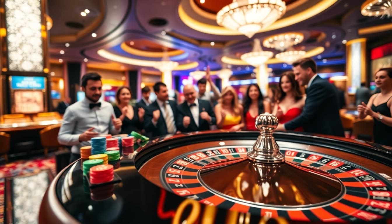 Permainan kasino bbni4d yang menggembirakan dengan meja roulette dan pemain semangat.