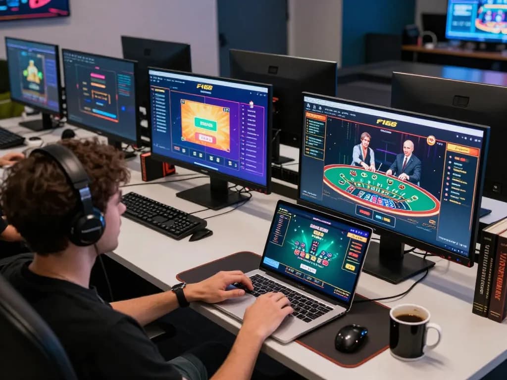 F168 online gaming setup featuring multiple screens with engaging casino games in action