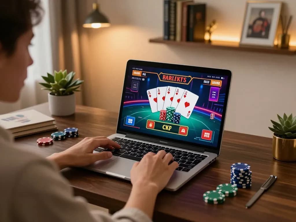 W4U player engaging with online casino games on laptop in a cozy, stylish home office