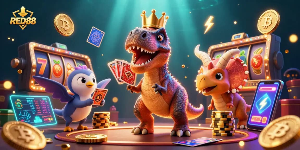 Engage RED88 casino experience through a lively scene with dinosaurs shuffling cards and stacking chips.