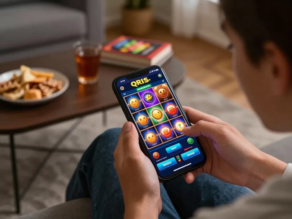 Playing slot qris on a smartphone in a cozy home setup enhances the gaming experience.