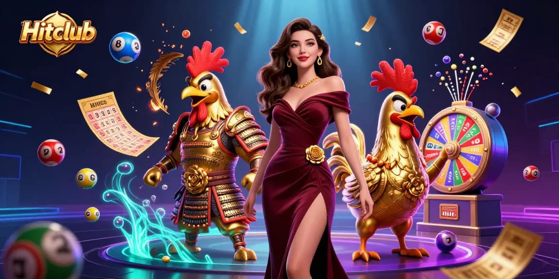 Hitclub's vibrant casino scene showcases a glamorous character amidst lottery elements and golden particles.