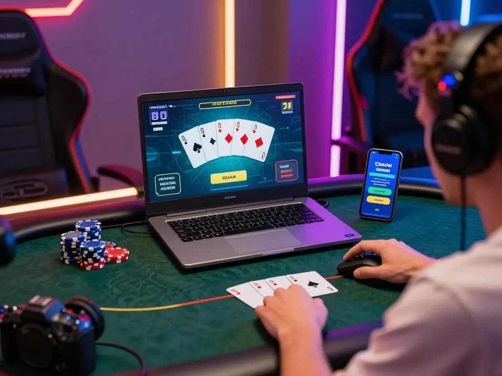 Player engaged in an online poker game on the MPOSPORT platform with vibrant graphics and modern gaming setup.
