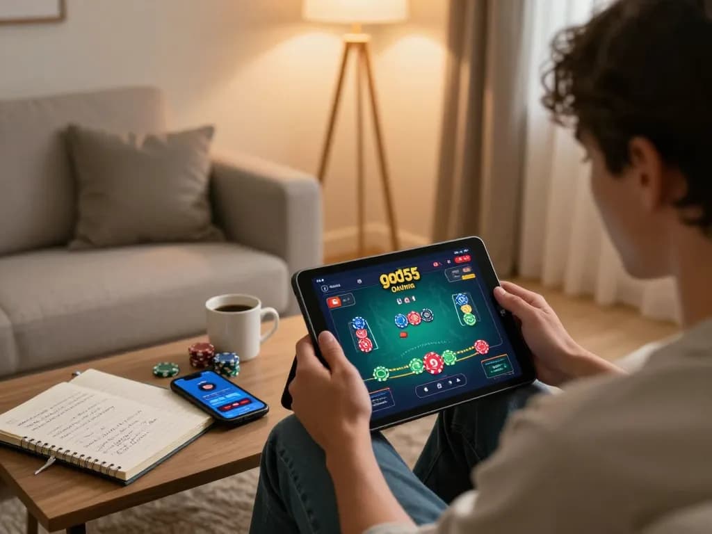 Person engaging in god55 online gaming on a tablet, showing the poker interface and strategic notes in a cozy home.