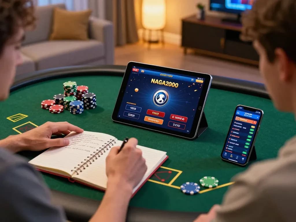 NAGA2000 player strategizing for online gaming success in a cozy living room setup.
