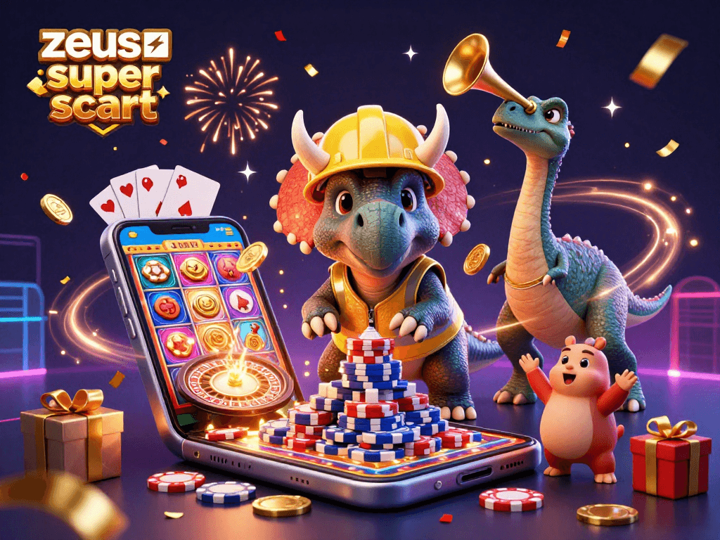 Spin to win with zeus super scatter as dynamic characters build poker chip pyramids.