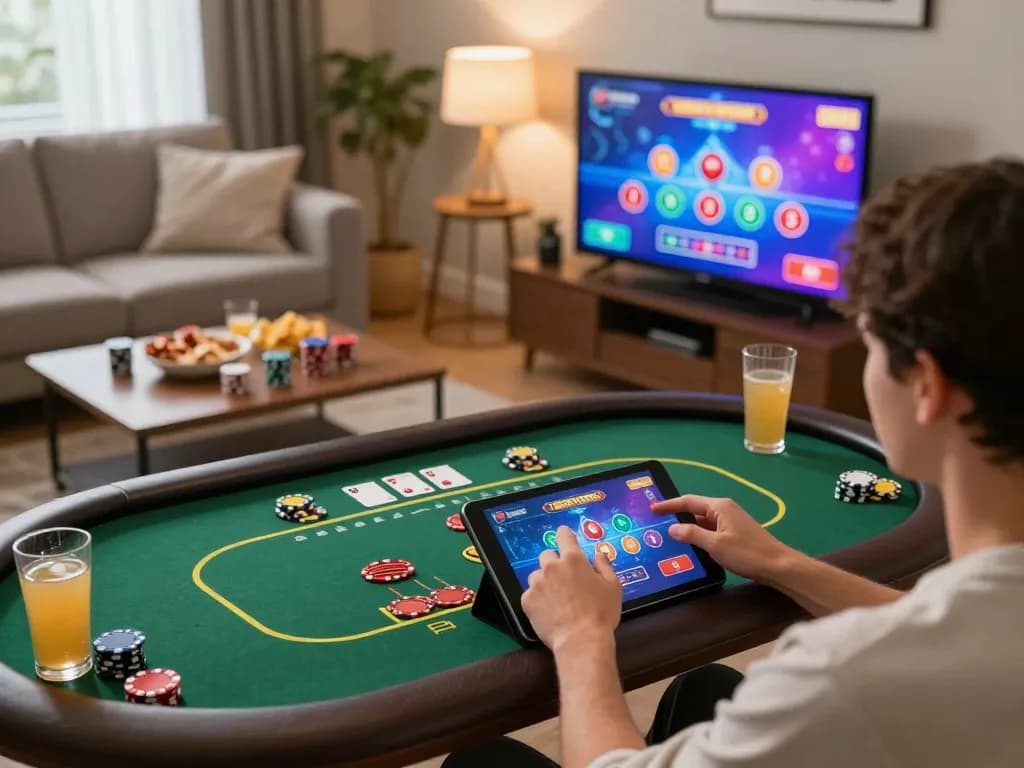 Jun88 player enjoying a live dealer game on tablet in a cozy home setting