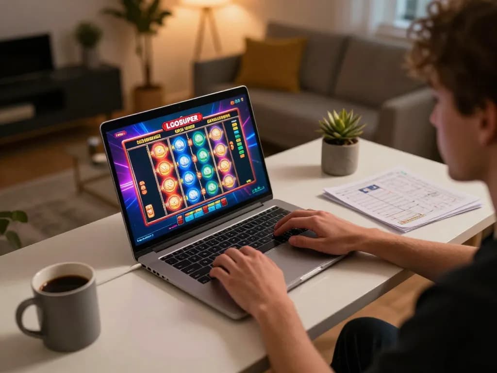 Engaging with LGOSUPER online slots on a laptop in a cozy home gaming setup
