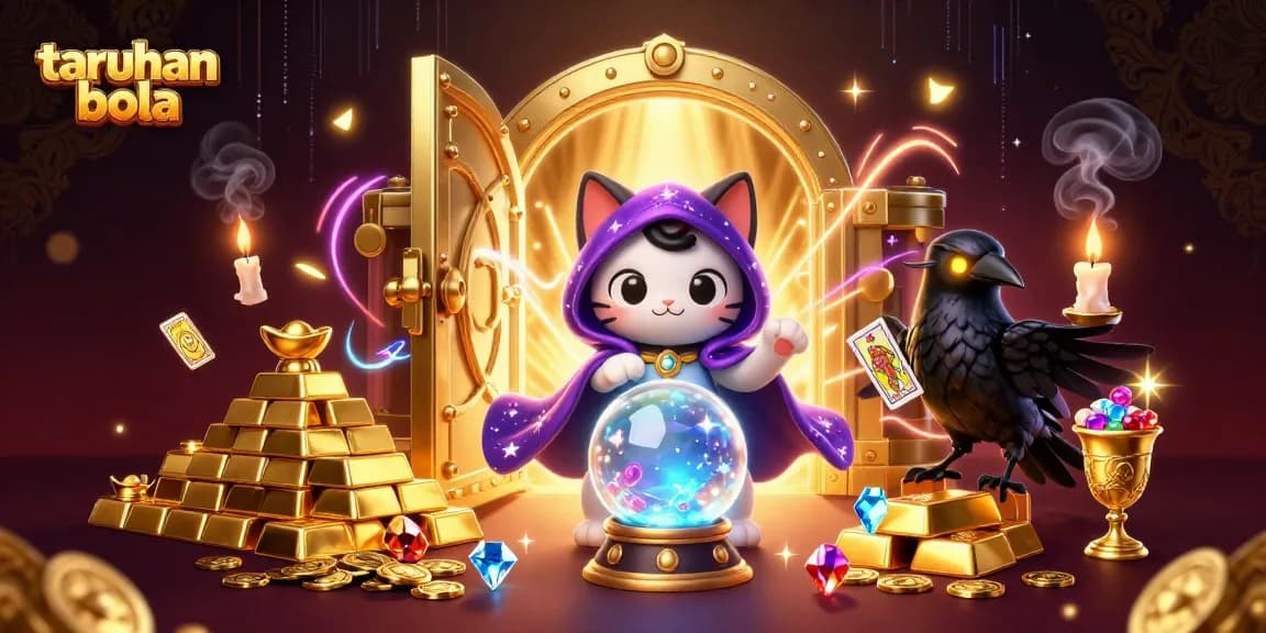 Engage in taruhan bola with a vibrant scene featuring a fortune teller cat, a raven, and dynamic gold elements.