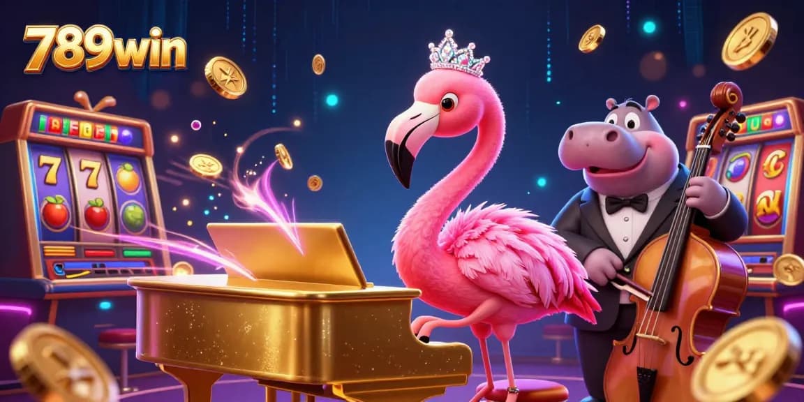 Engage with 789win at a vibrant casino scene with dynamic slot game elements and colorful characters.