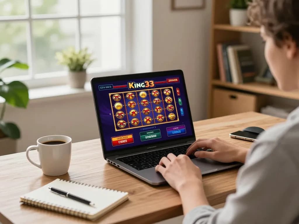 Player enjoying online gaming at King33 casino, showcasing laptop interface and cozy home setting.