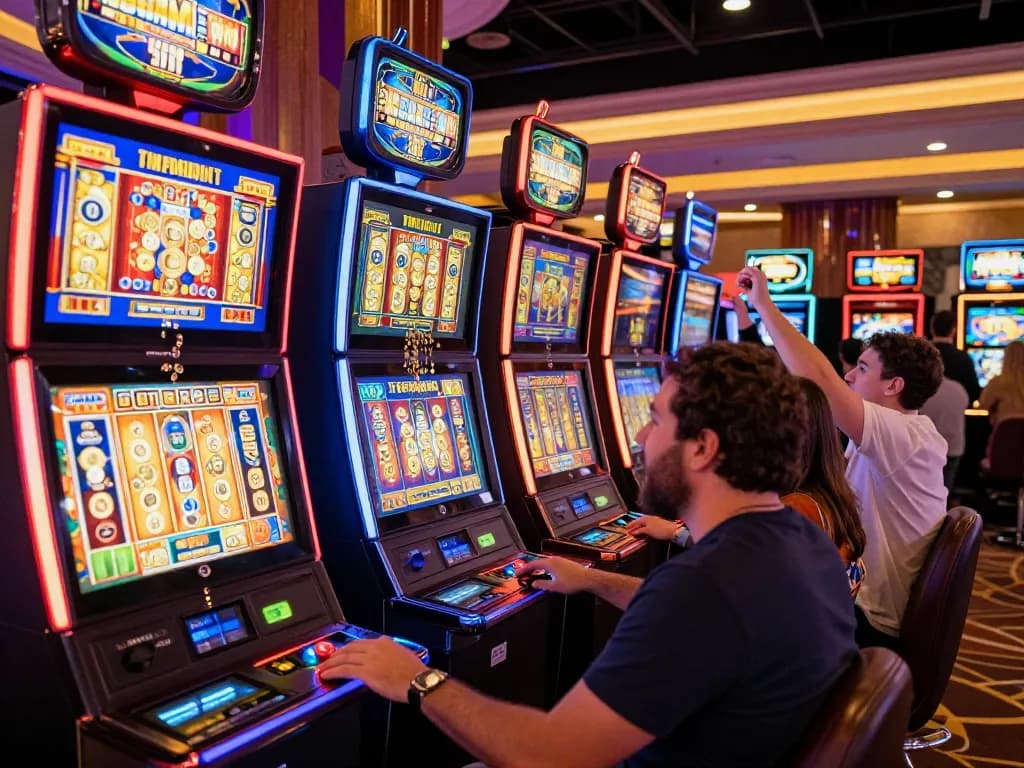 Pemain yang menang di mesin slot leci123a yang cerah di kasino yang ramai.