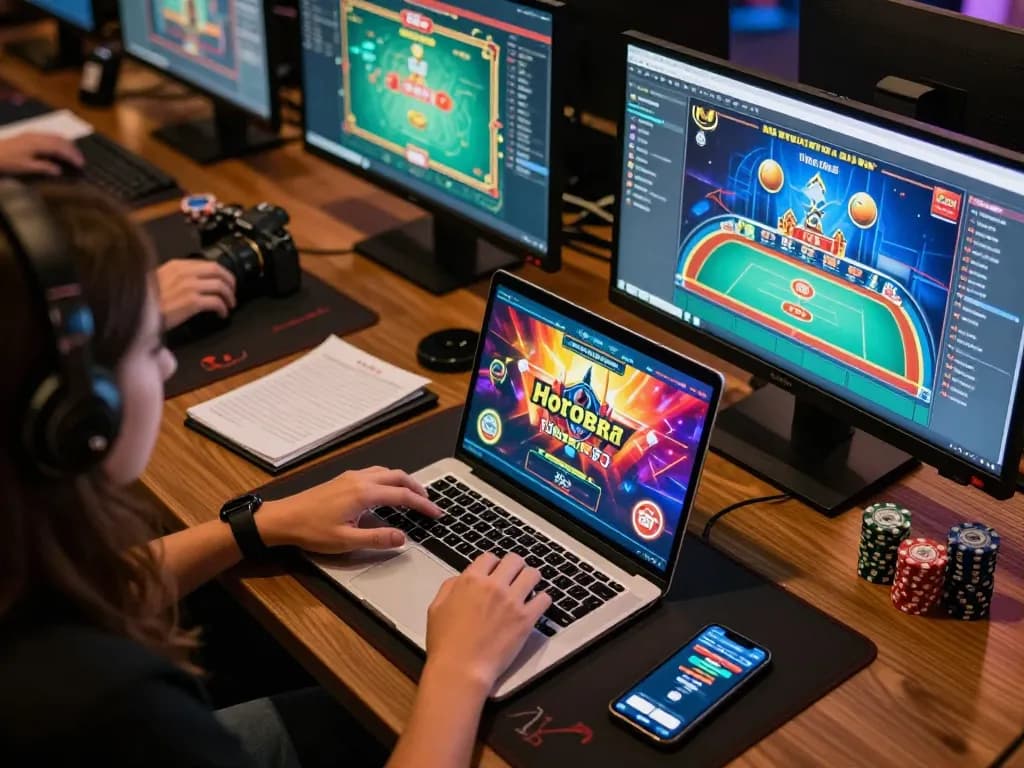 Engaged user at https://luckywin.solutions/ playing live dealer poker on multiple screens, showcasing a vibrant gaming setup.