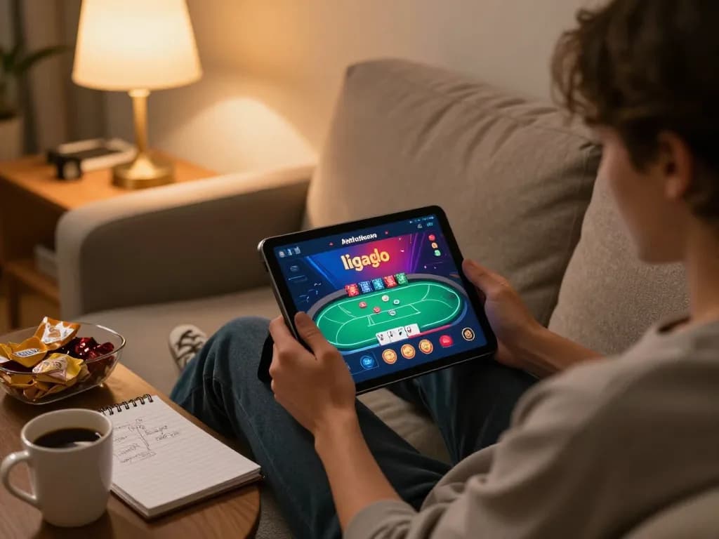 Person engaging with the ligalgo online poker platform on a tablet in a cozy home setting.