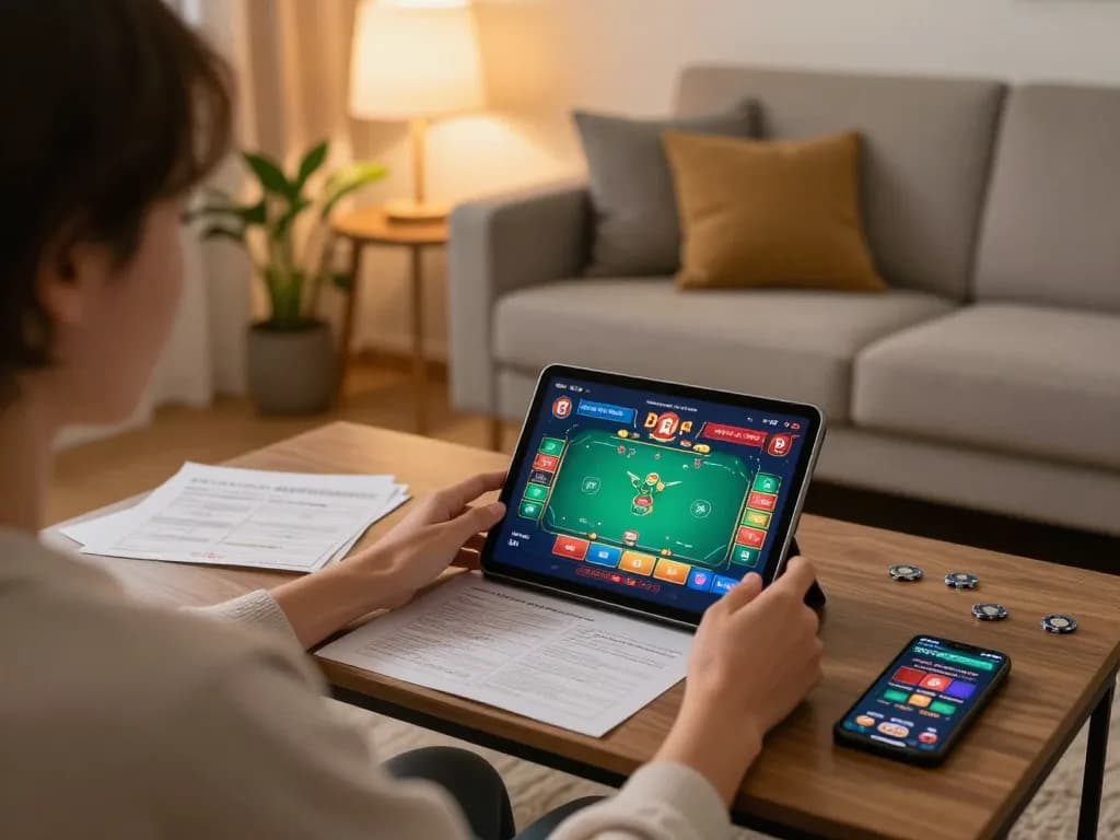 Exciting home online gaming moment showing link vào gg88 poker app on tablet in cozy setting