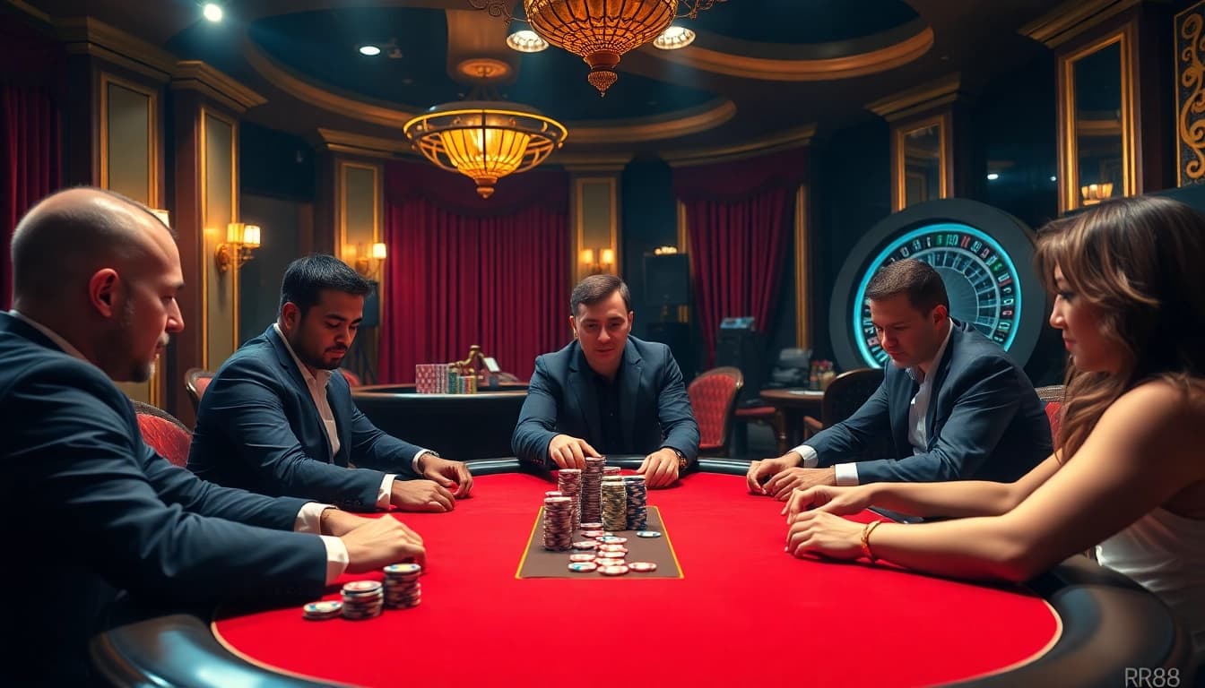 Engaged players at a professional RR88 poker table in a luxury casino atmosphere.
