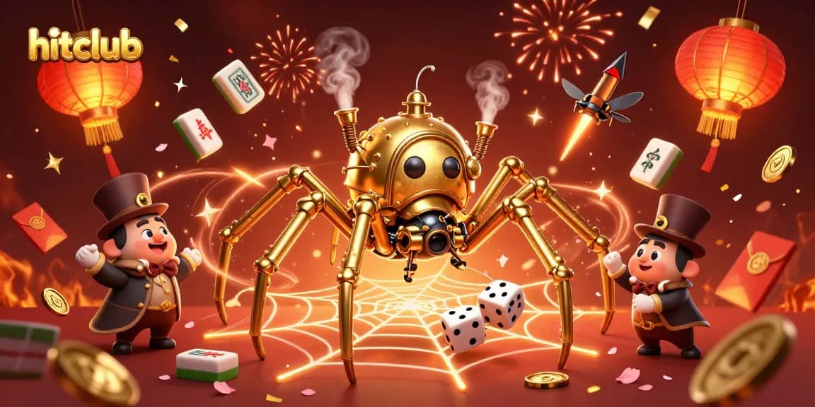 Engage in hitclub’s vibrant game scene showcasing a steampunk spider artistically crafting golden webs as lively game elements enhance the atmosphere.