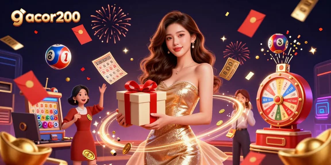 Engage with gacor200's vibrant casino theme featuring a welcoming Asian woman amidst festive decor and game elements.