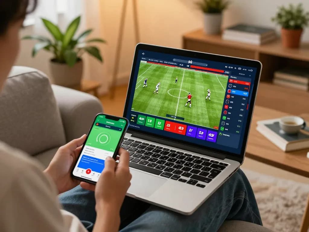 Engaged in online sports betting, checking tỷ lệ bóng đá kèo nhà cái on laptop during a live football match.