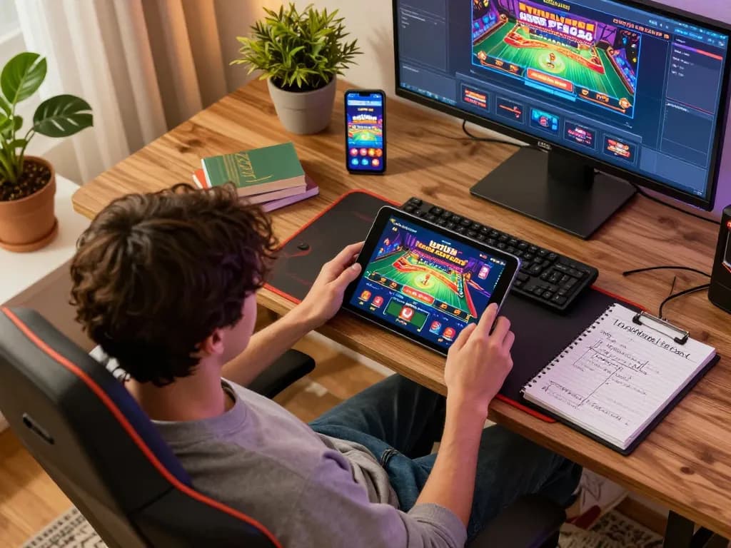 Engaging in online gambling with hello88 on a tablet while tracking strategy notes in a cozy setting