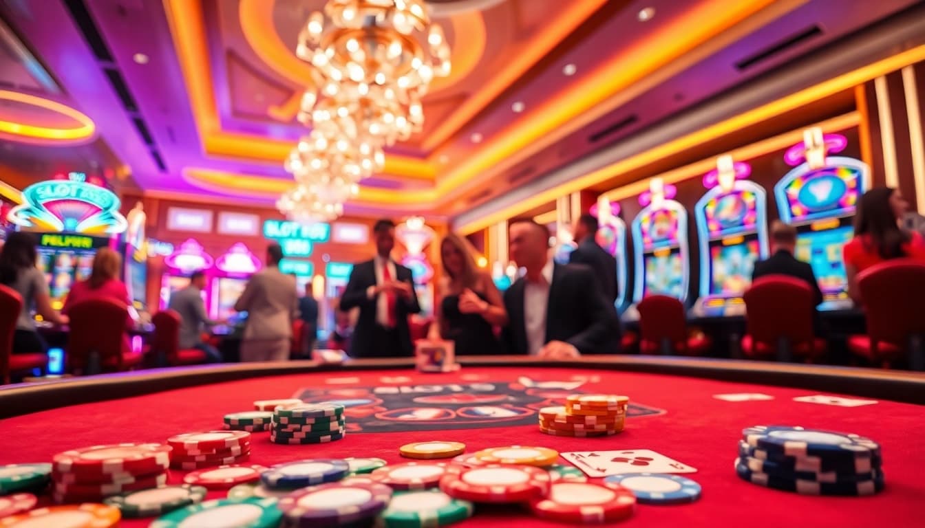 Permainan SLOT365 dengan chip berwarna-warni di meja kasino yang ramai.