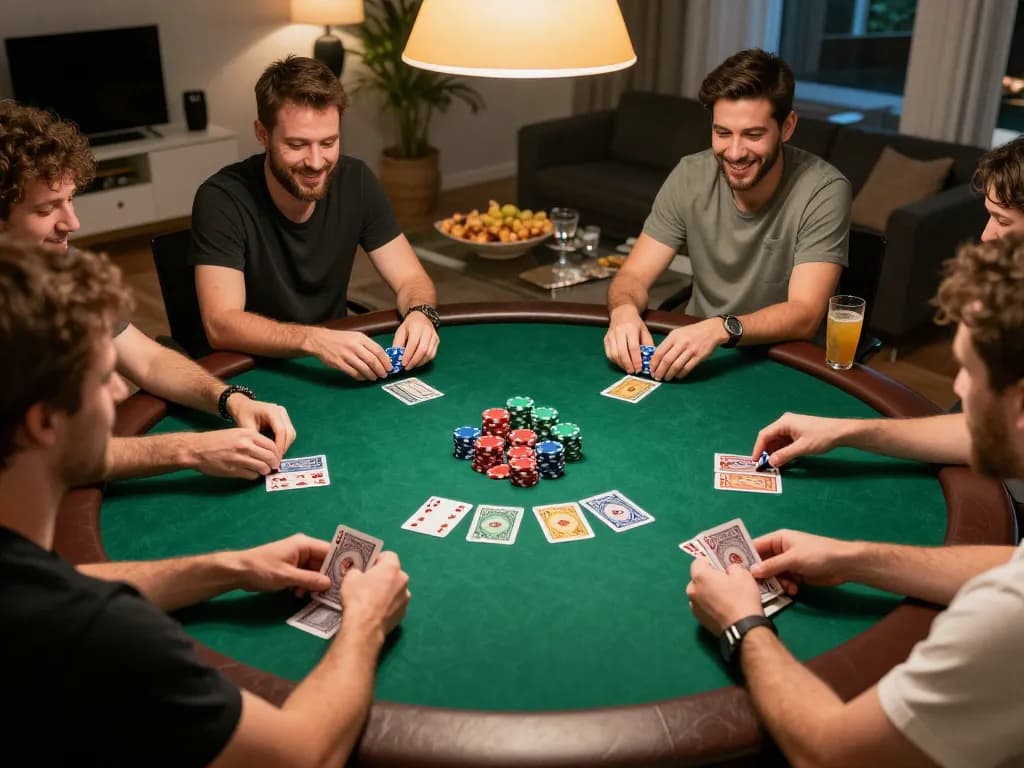 Create a caricature during a lively poker night, showcasing players engaging and strategizing.