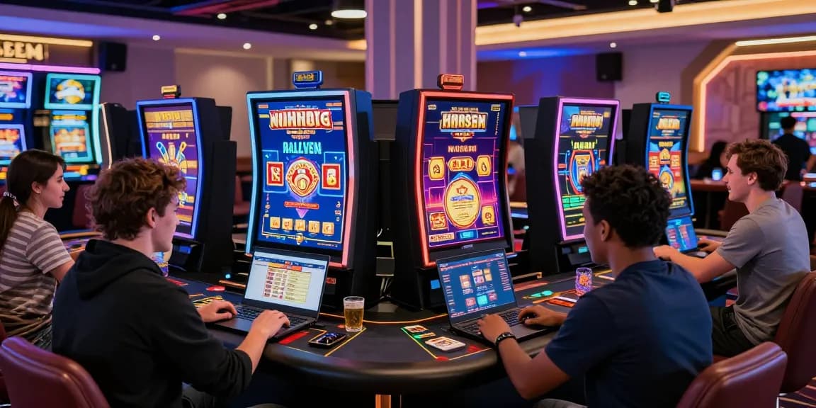 Explore new online casinos UK scene with players enjoying vibrant gaming experiences and modern decor in 2026.