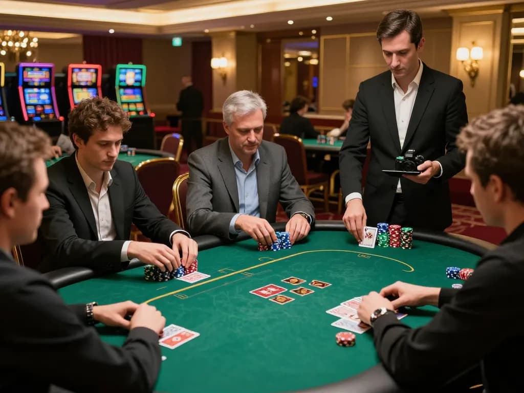 Situs ulat123 showcases intense poker gameplay at an upscale casino with focused players and professional dealers.