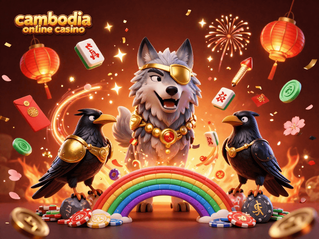 Cambodia online casino showcasing a dynamic 3D scene with Odin the wolf and ravens among vibrant casino elements.