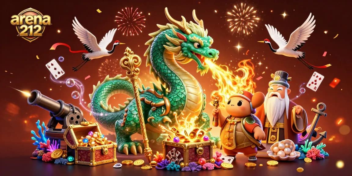 arena212 merayakan kemenangan dengan naga hijau dan penyu bijak di dungeon kasino penuh harta karun