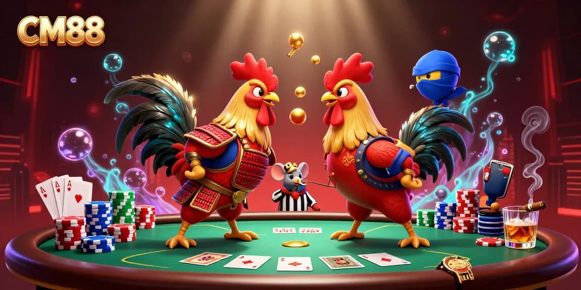 Engage with CM88 through a vibrant 3D illustration of fighting roosters at a poker table, symbolizing high-stakes gaming.