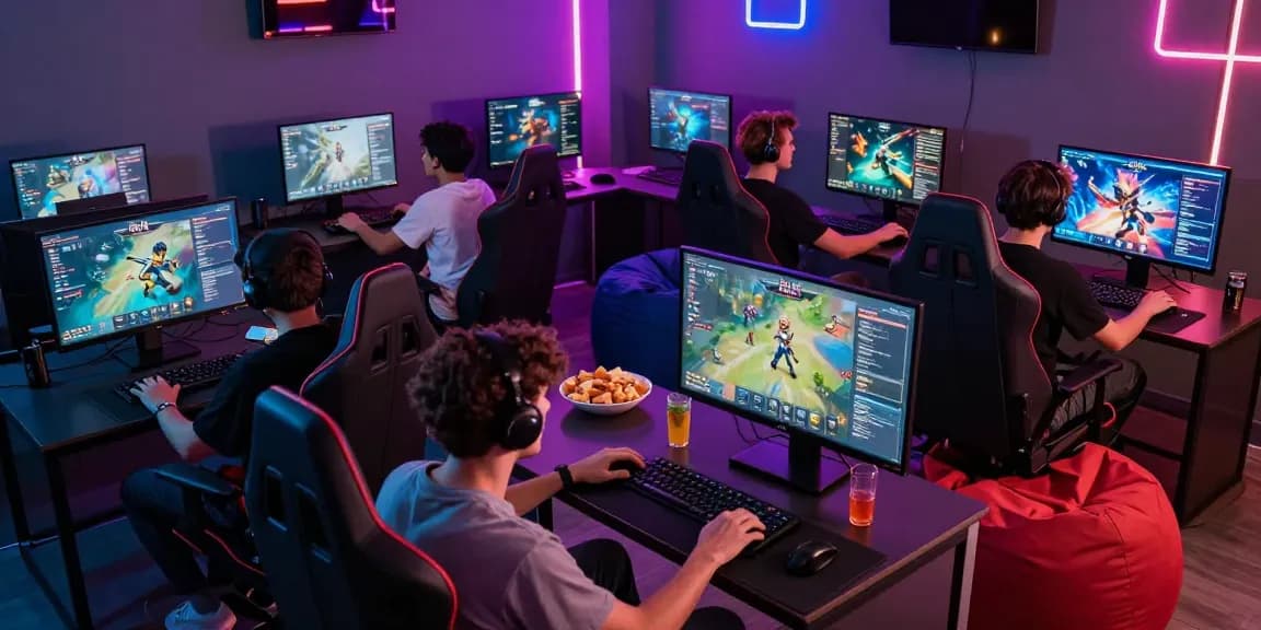 Exciting gaming lounge with friends using the Raja Game login on multiple screens, highlighting a vibrant gaming atmosphere.