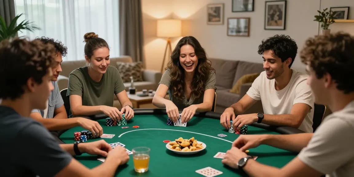 Teman-teman menikmati permainan poker88 di meja, menampilkan kerumunan ceria dan suasana santai yang mengundang.