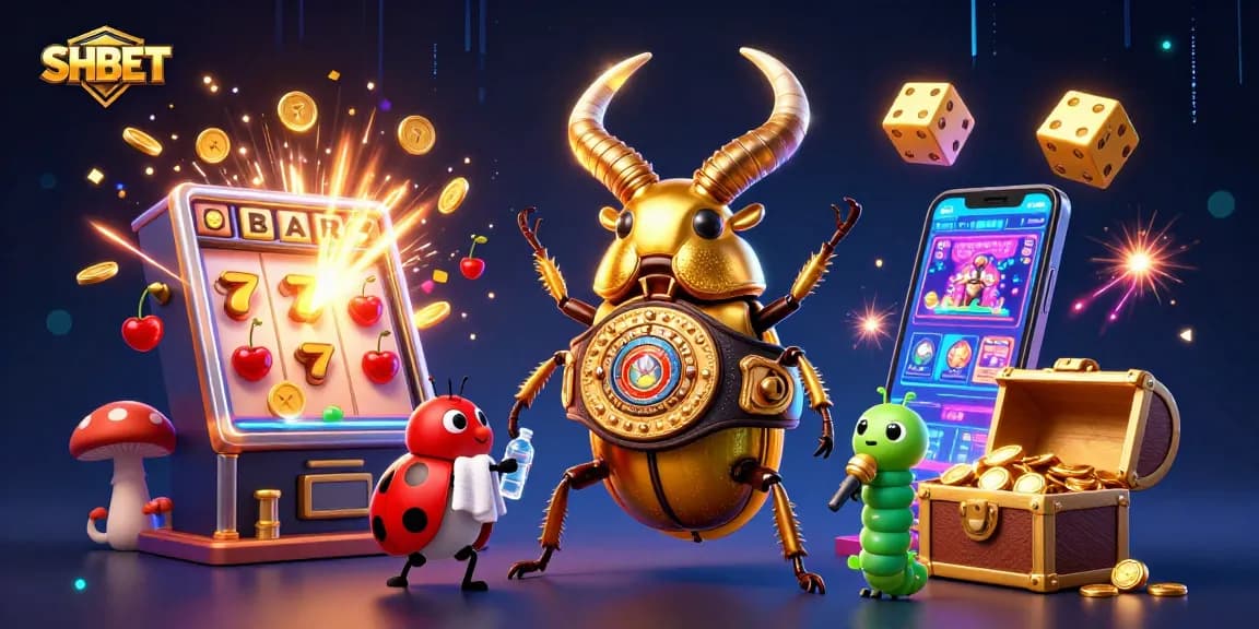 Experience thrilling wins at SHBET as a giant golden beetle challenges the odds in this vibrant casino showdown