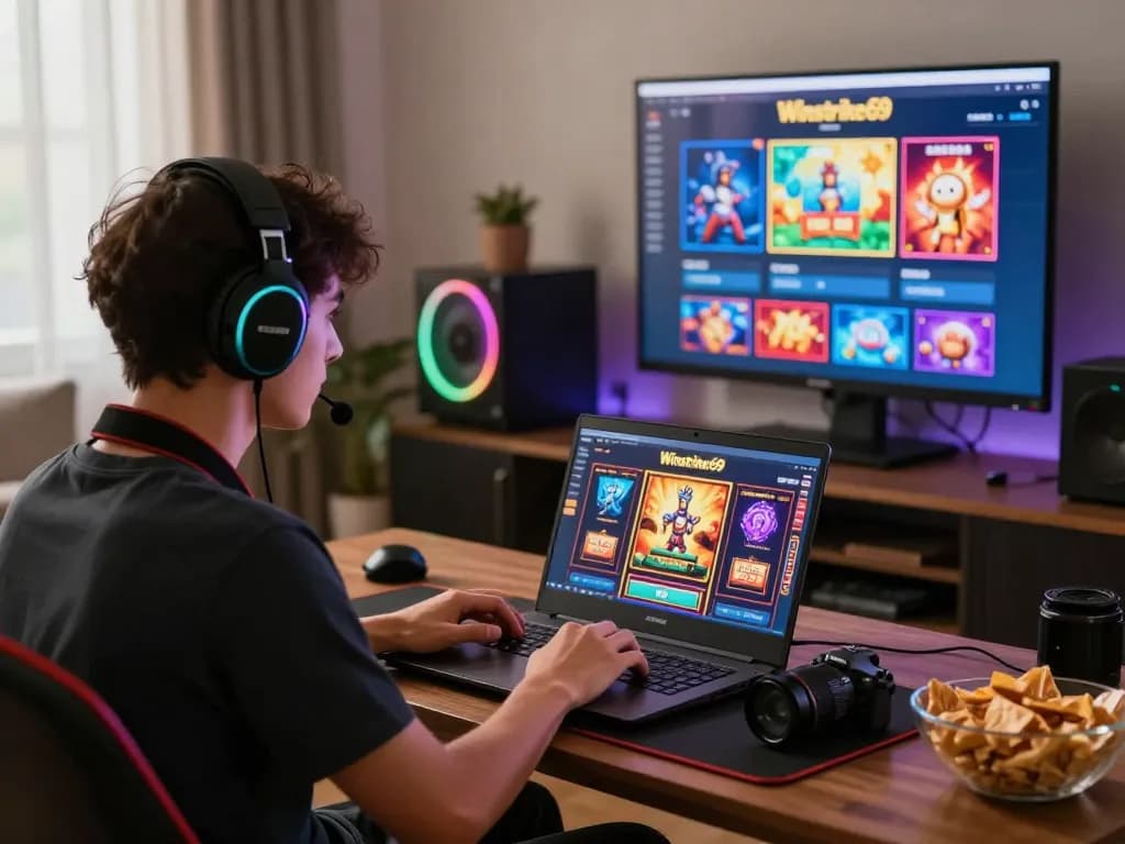 Engaged player enjoying Winstrike69 slots on laptop in a cozy living room, showcasing dynamic online gaming atmosphere.